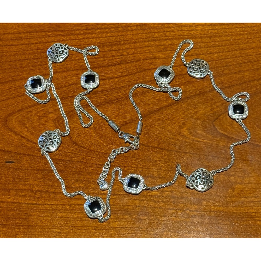 Brighton Shadow Play Silver Plated Black Enamel Scrollwork Station Long Necklace